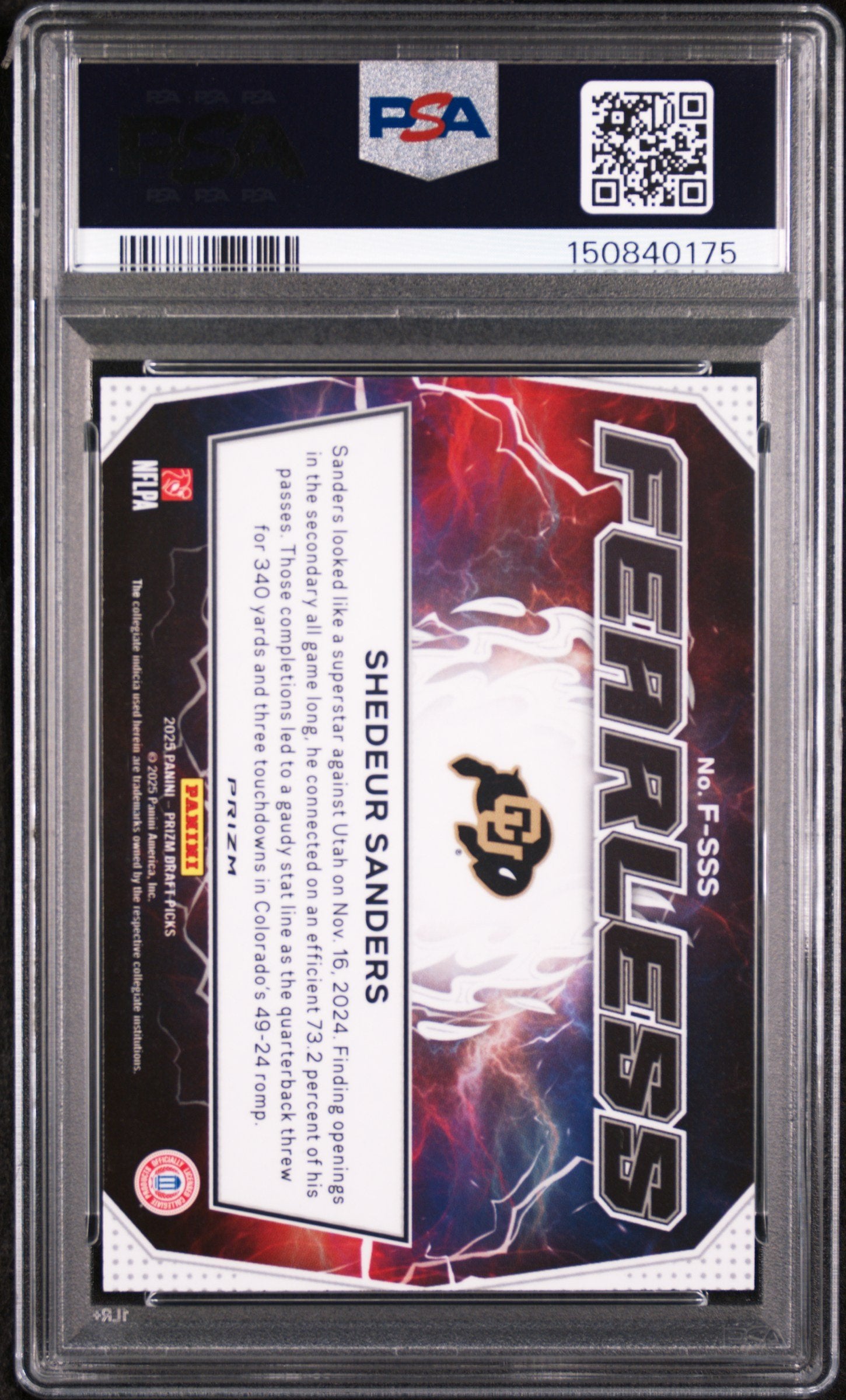 Graded 2025 Panini Prizm Draft Picks Shedeur Sanders #FSSS Fearless Green Rookie RC Football Card PSA 8 Near Mint