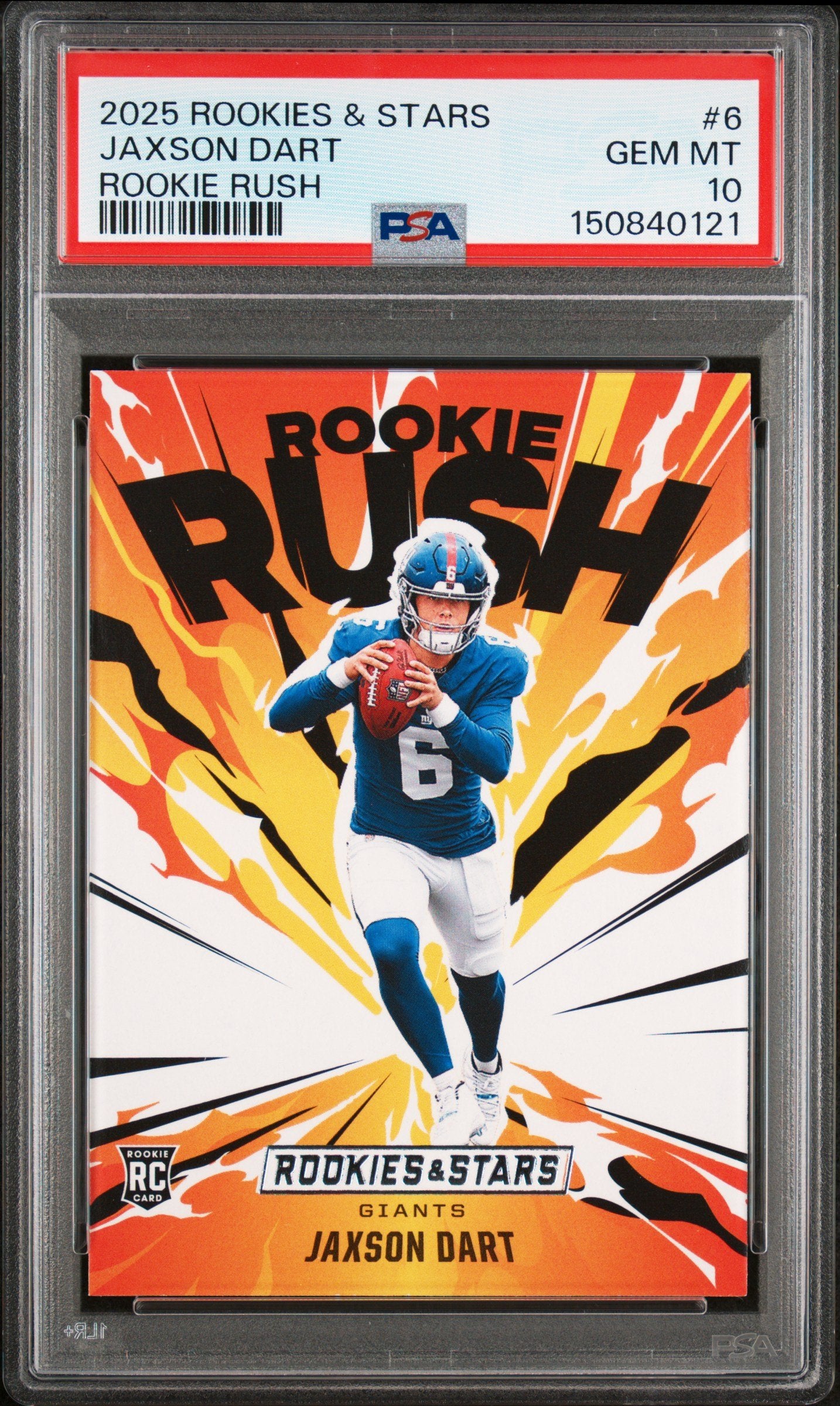 Graded 2025 Panini Rookies & Stars Jaxson Dart #6 Rookie Rush Rookie RC Football Card PSA 10 Gem Mint