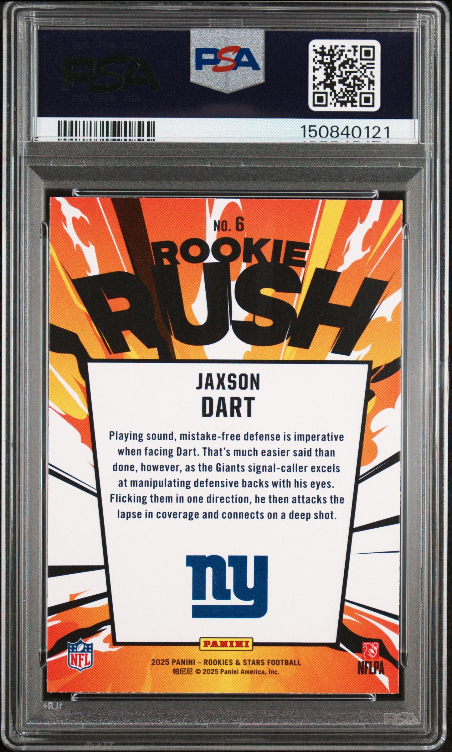Graded 2025 Panini Rookies & Stars Jaxson Dart #6 Rookie Rush Rookie RC Football Card PSA 10 Gem Mint