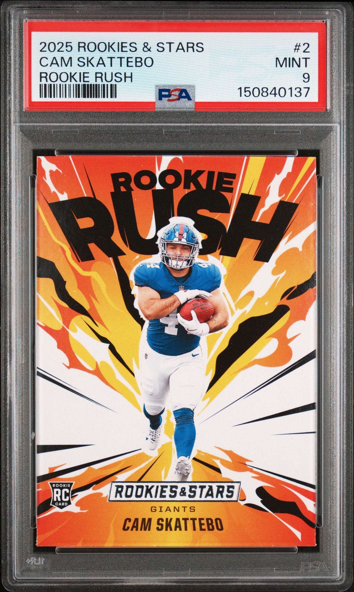 Graded 2025 Panini Rookies & Stars Cam Skattebo #2 Rookie Rush Rookie RC Football Card PSA 9 Mint
