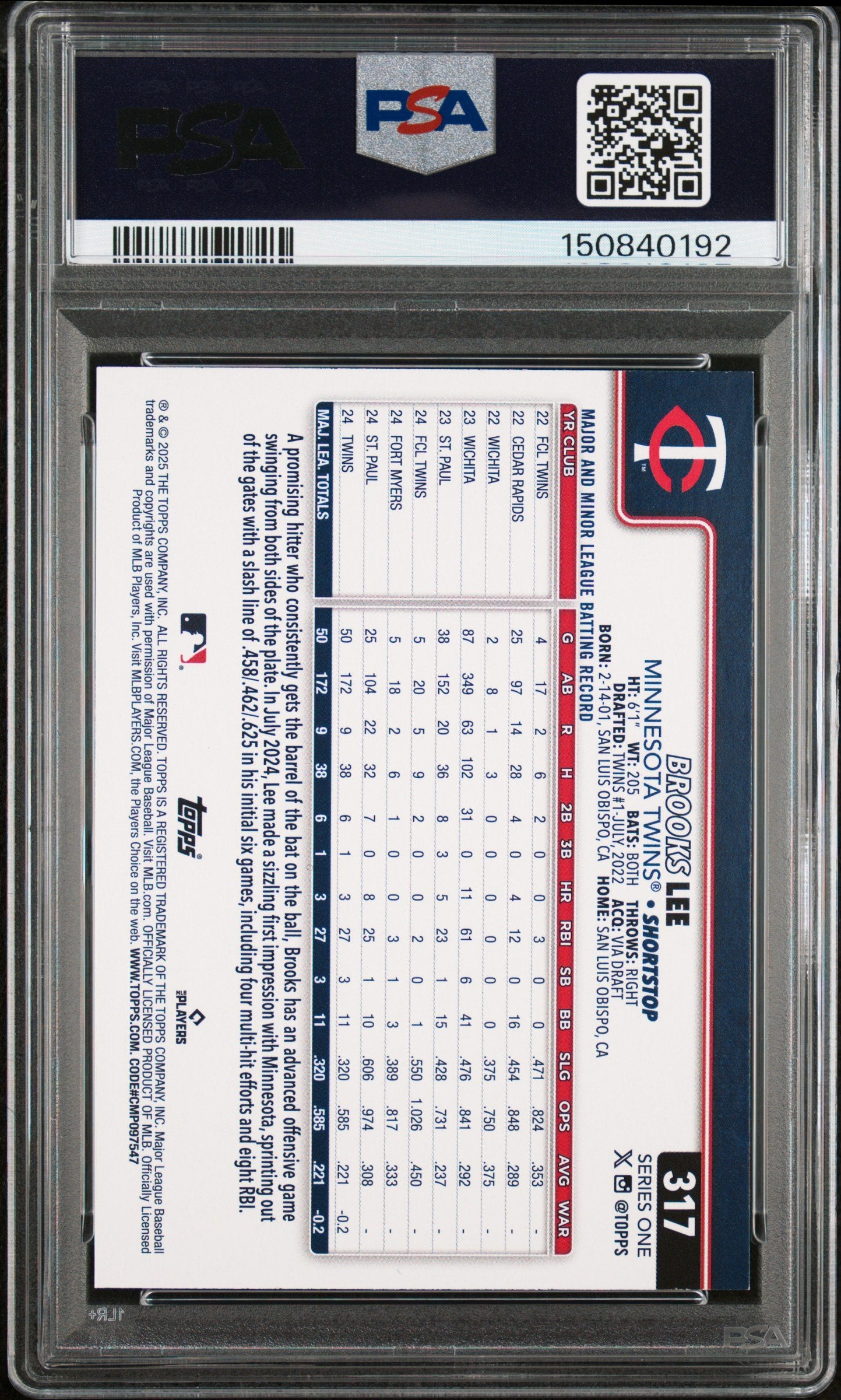Graded 2025 Topps Brooks Lee #317 Rookie RC Baseball Card PSA 8 Near Mint