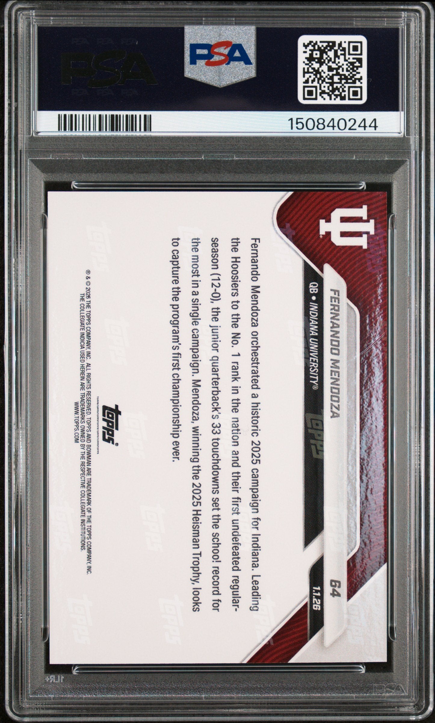 Graded 2025 Topps Bowman U Now Fernando Mendoza #64 Rookie RC Football Card PSA 8 Near Mint