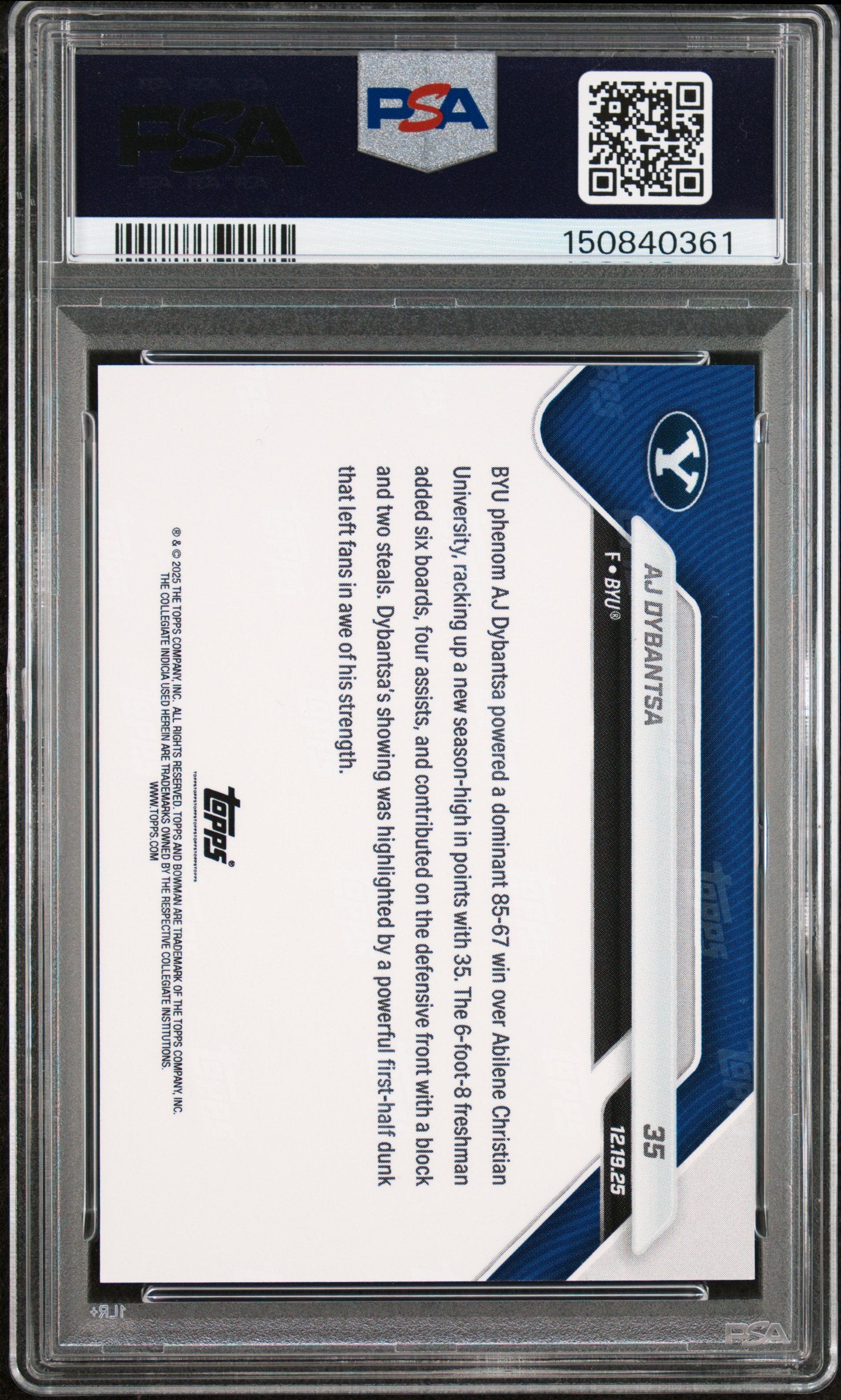 Graded 2025 Topps Bowman U Now AJ Dybantsa #35 Rookie RC Basketball Card PSA 9 Mint