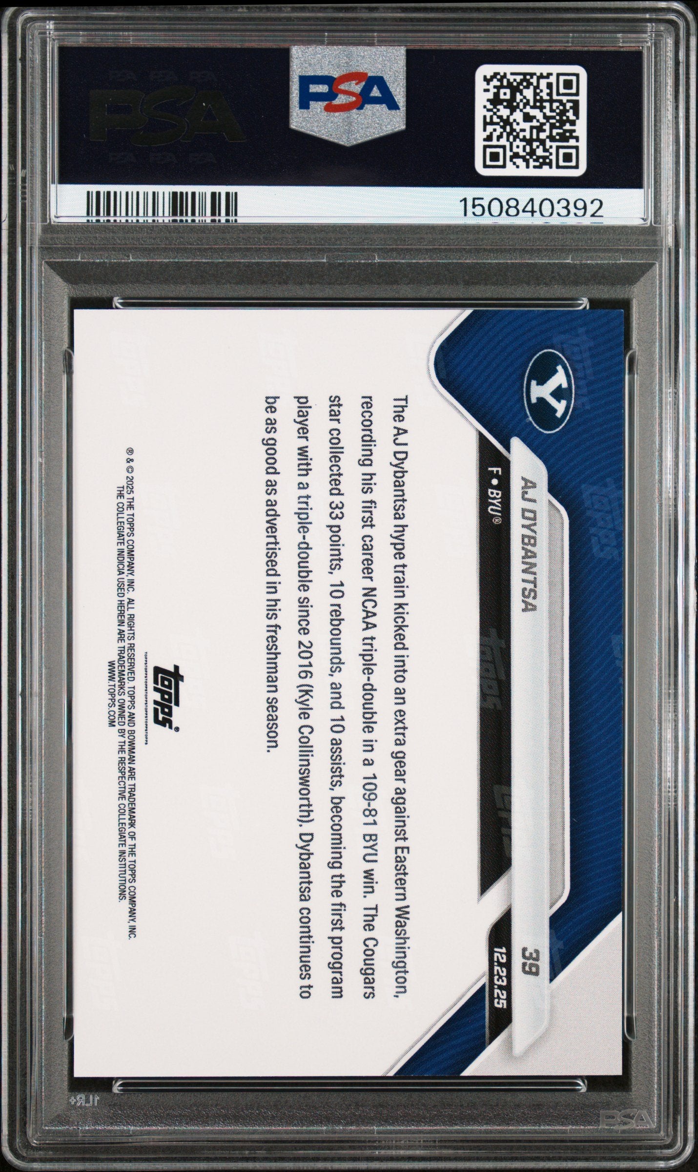 Graded 2025 Topps Bowman U Now AJ Dybantsa #39 Rookie RC Basketball Card PSA 9 Mint