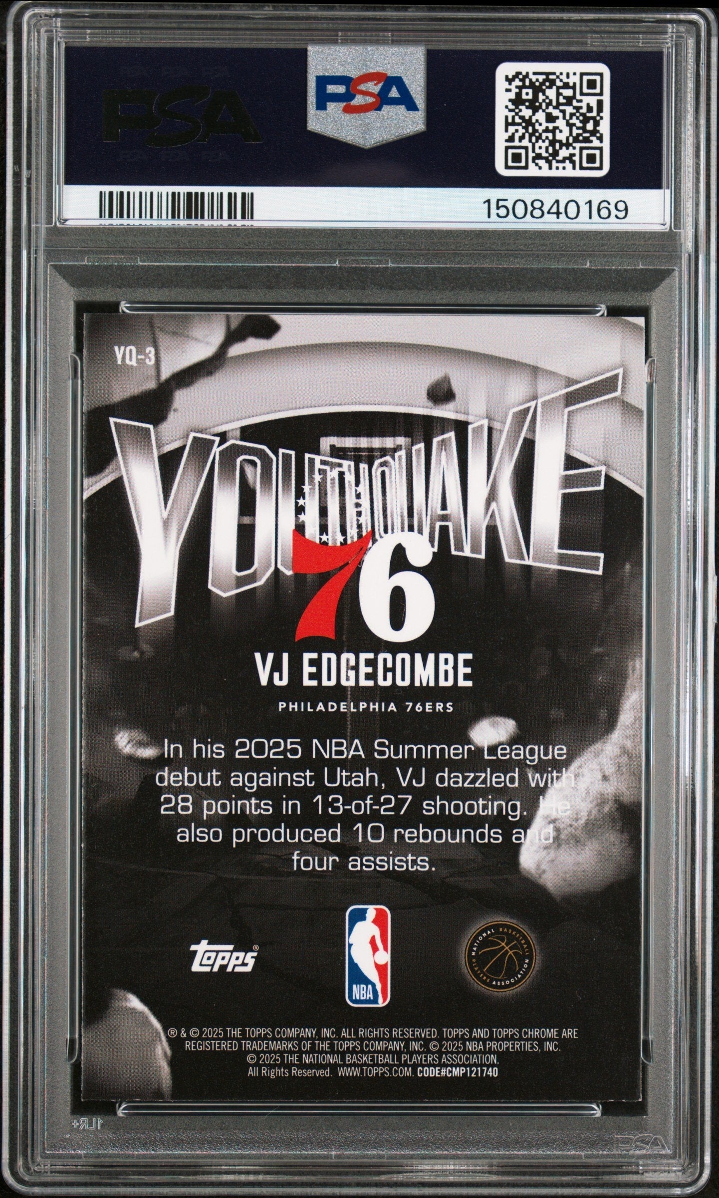 Graded 2025 Topps Chrome VJ Edgecombe #YQ3 Youthquake Rookie RC Basketball Card PSA 9 Mint