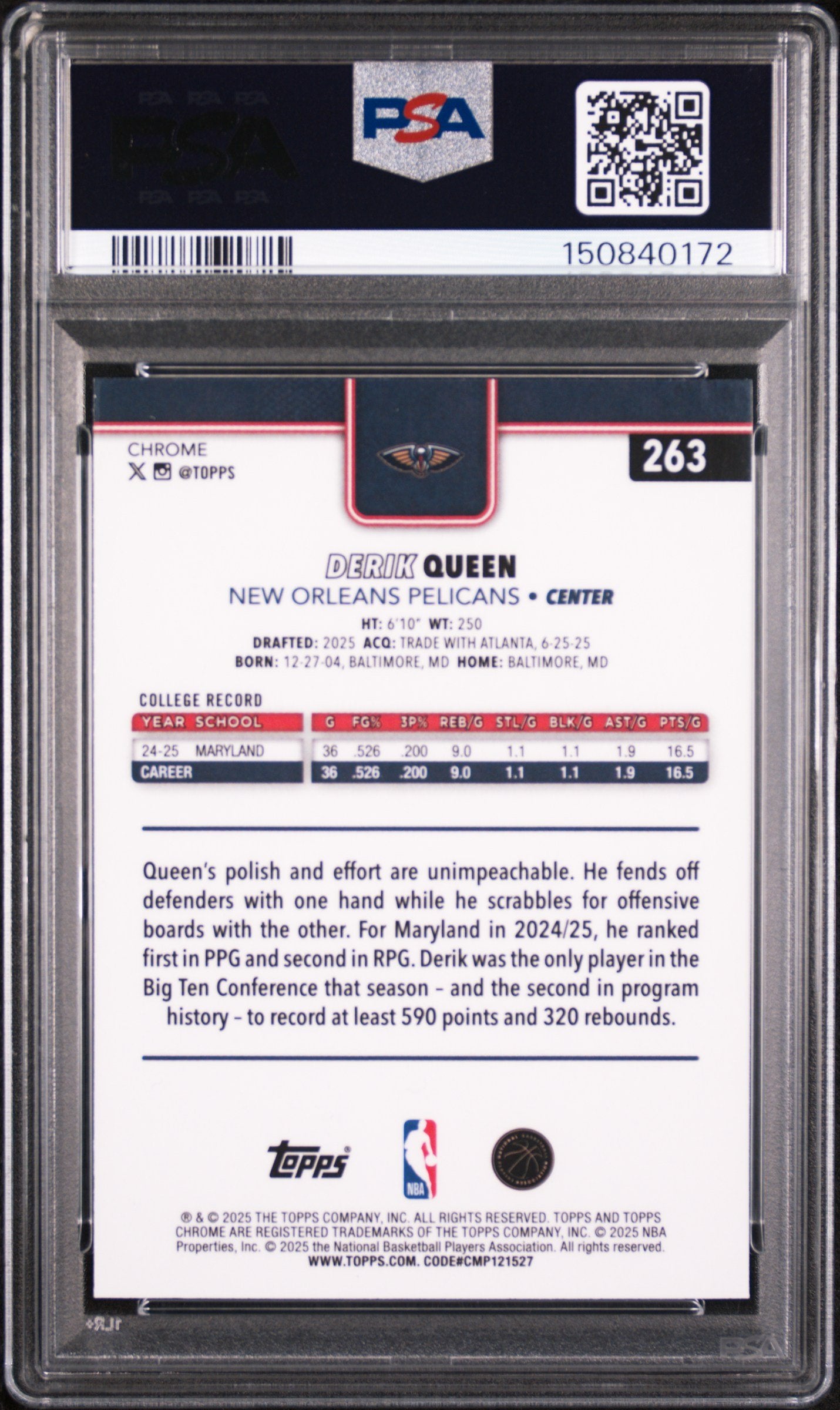 Graded 2025 Topps Chrome Derik Queen #263 Rookie RC Basketball Card PSA 10 Gem Mint