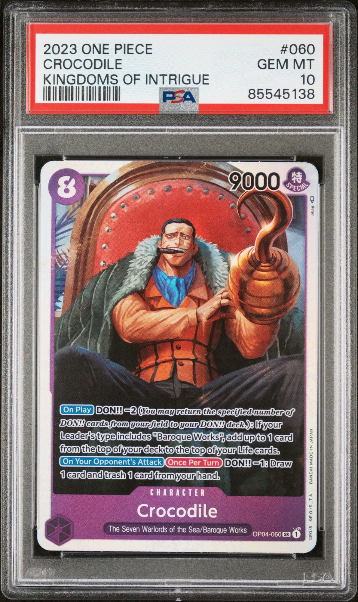 Graded 2023 One Piece Crocodile #060 OP04 Trading Card Game PSA 10 Gem Mint