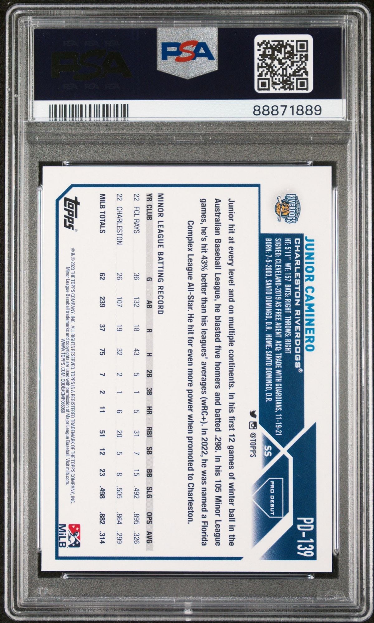Graded 2023 Topps Pro Debut Junior Caminero #PD139 Rookie RC Baseball Card PSA 10 Gem Mint