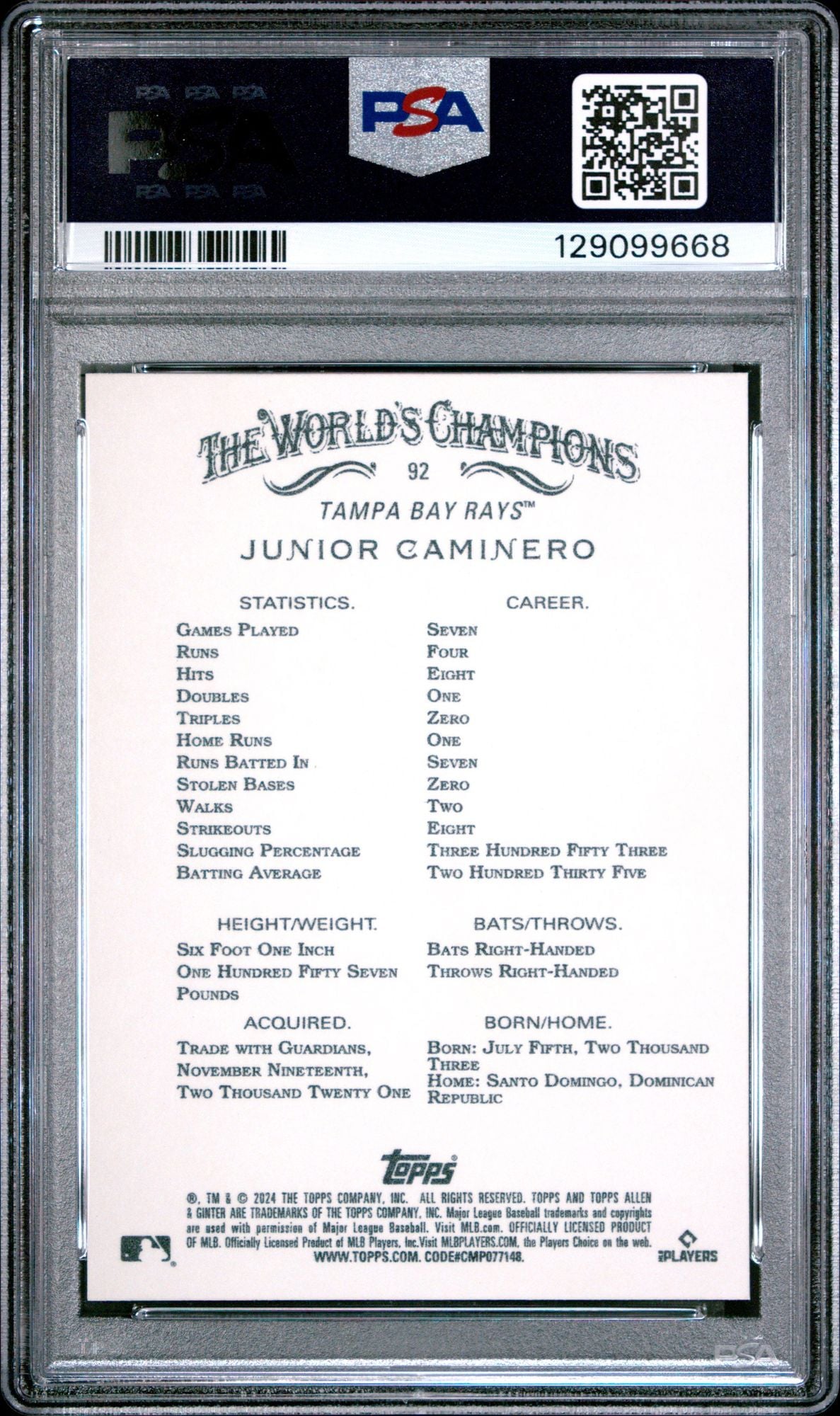 Graded 2024 Topps Allen & Ginter Junior Caminero #92 Rookie RC Baseball Card PSA 10 Gem Mint