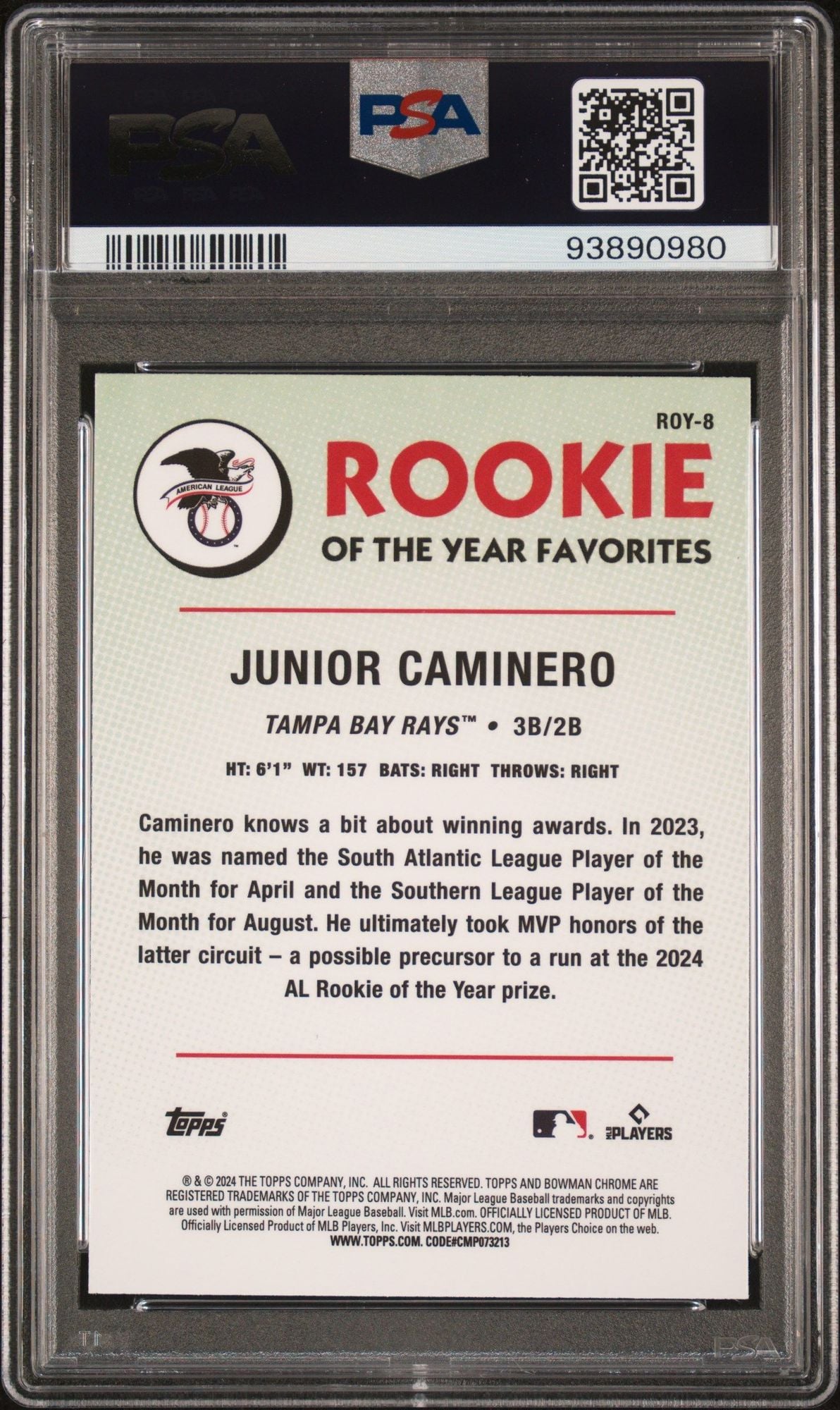 Graded 2024 Topps Bowman Chrome Junior Caminero #ROY8 Rookie of the Year Favorite RC Baseball Card PSA 10 Gem Mint