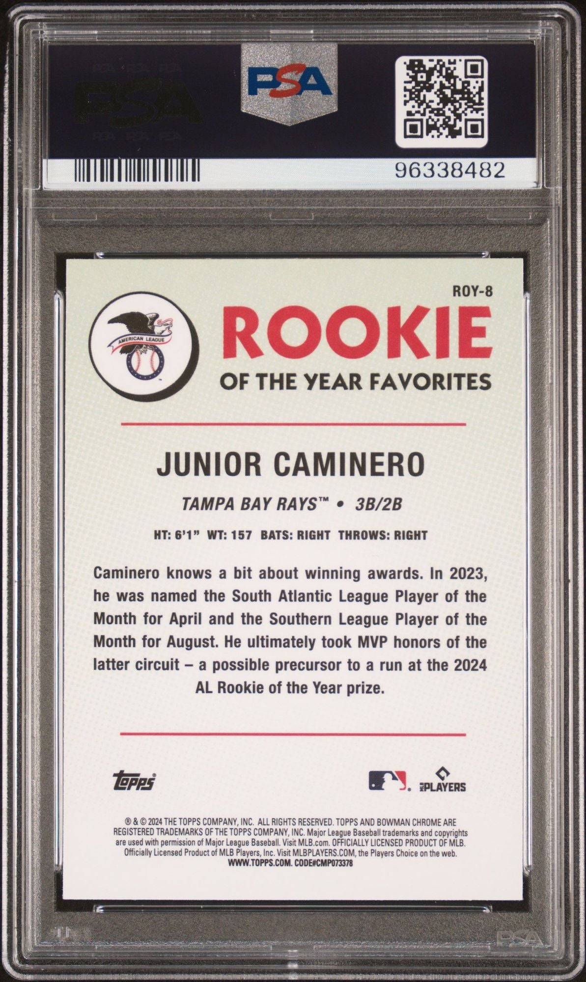 Graded 2024 Topps Bowman Mega Box M/B Junior Caminero #ROY8 Rookie of the Year Favorite RC Baseball Card PSA 10 Gem Mint