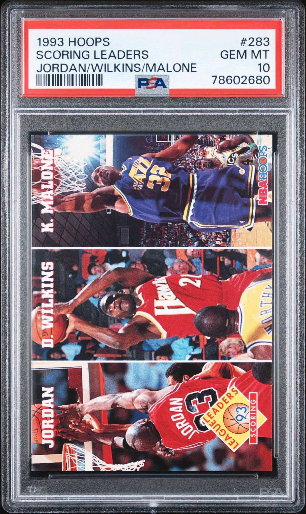 Graded 1993 NBA Hoops Michael Jordan #283 Scoring Leaders Wilkins Malone Basketball Card PSA 10 Gem Mint