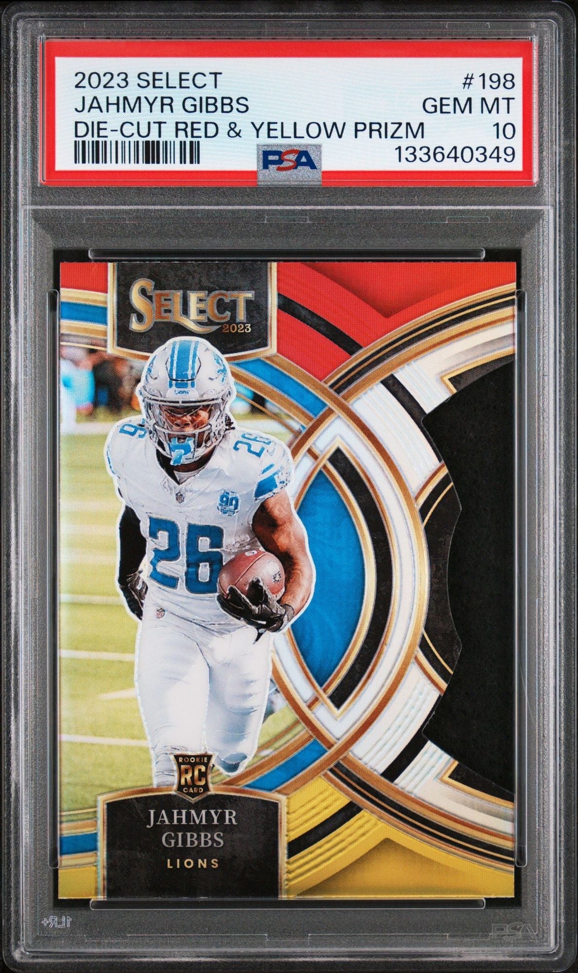 Graded 2023 Panini Select Jahmyr Gibbs #198 Die Cut Red & Yellow Prizm Rookie RC Football Card PSA 10 Gem Mint