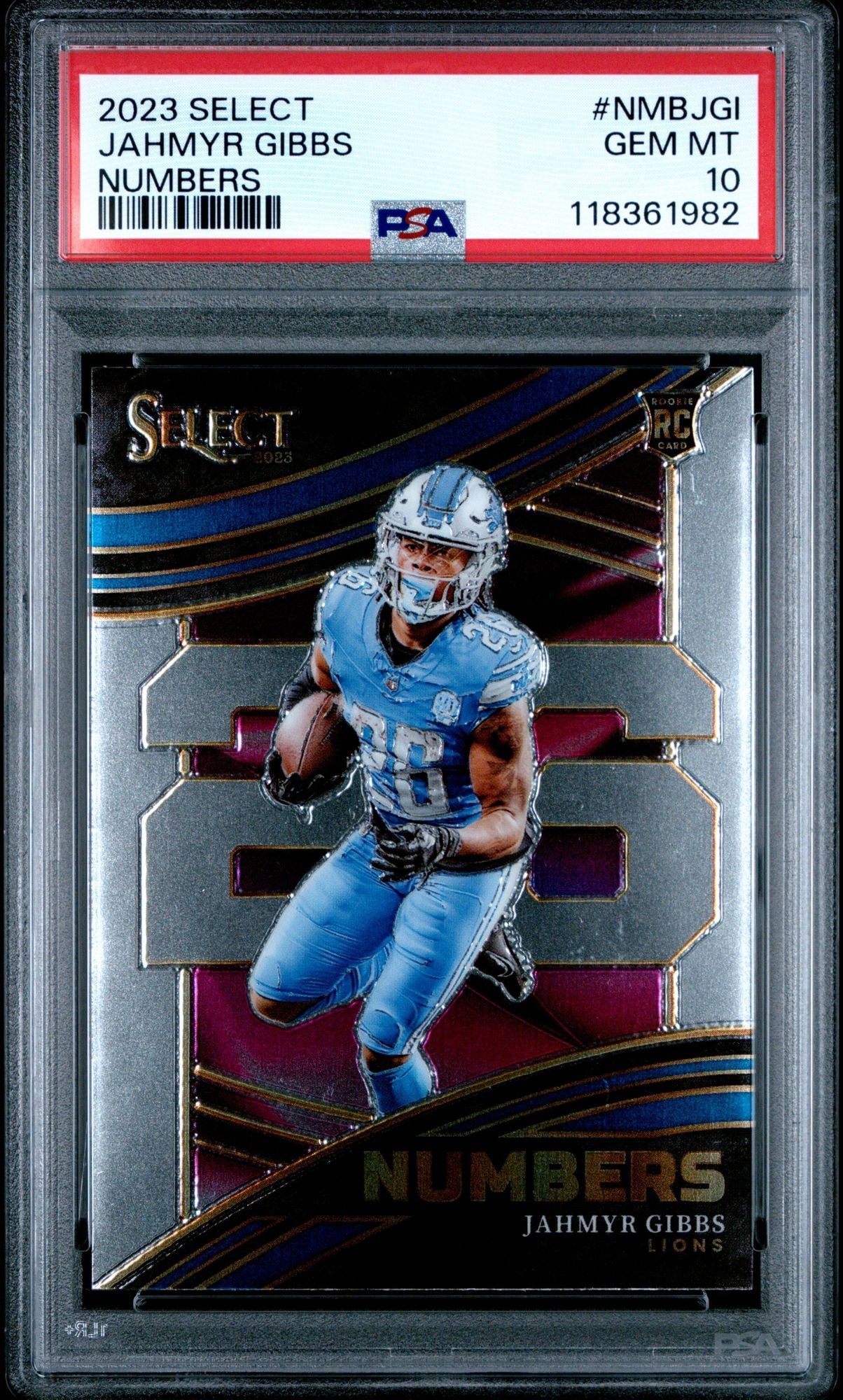 Graded 2023 Panini Select Jahmyr Gibbs #NMBJGI Numbers Rookie RC Football Card PSA 10 Gem Mint