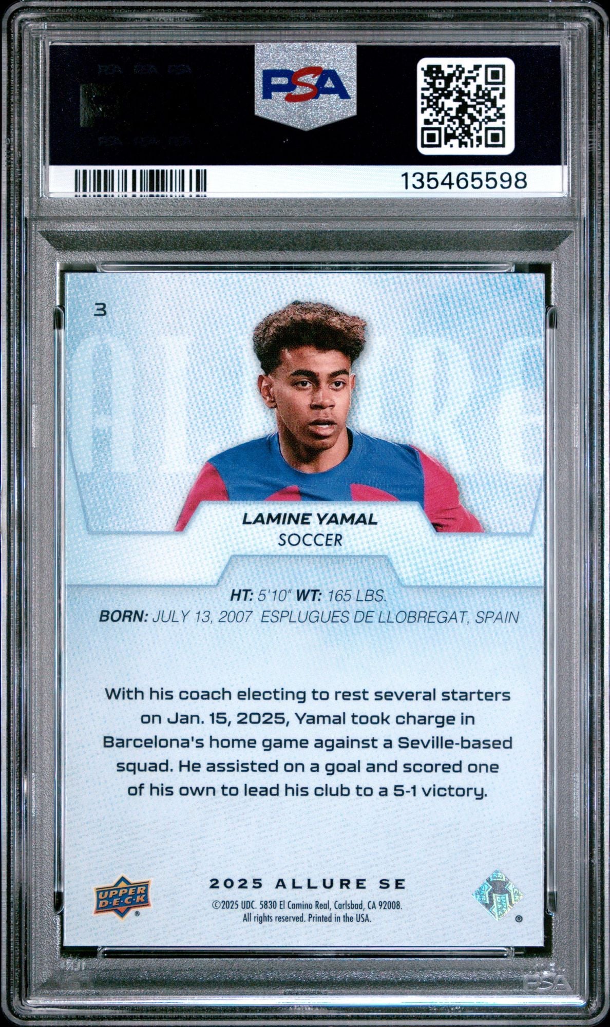 Graded 2025 Upper Deck UD Allure SE Lamine Yamal #3 Soccer Card PSA 10 Gem Mint