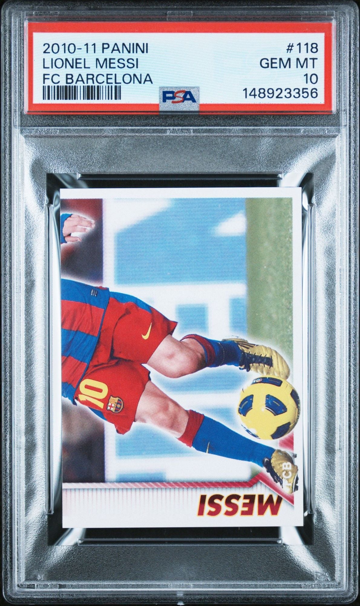 Graded 2010 Panini Lionel Messi #118 FC Barcelona Stickers Soccer Card PSA 10 Gem Mint
