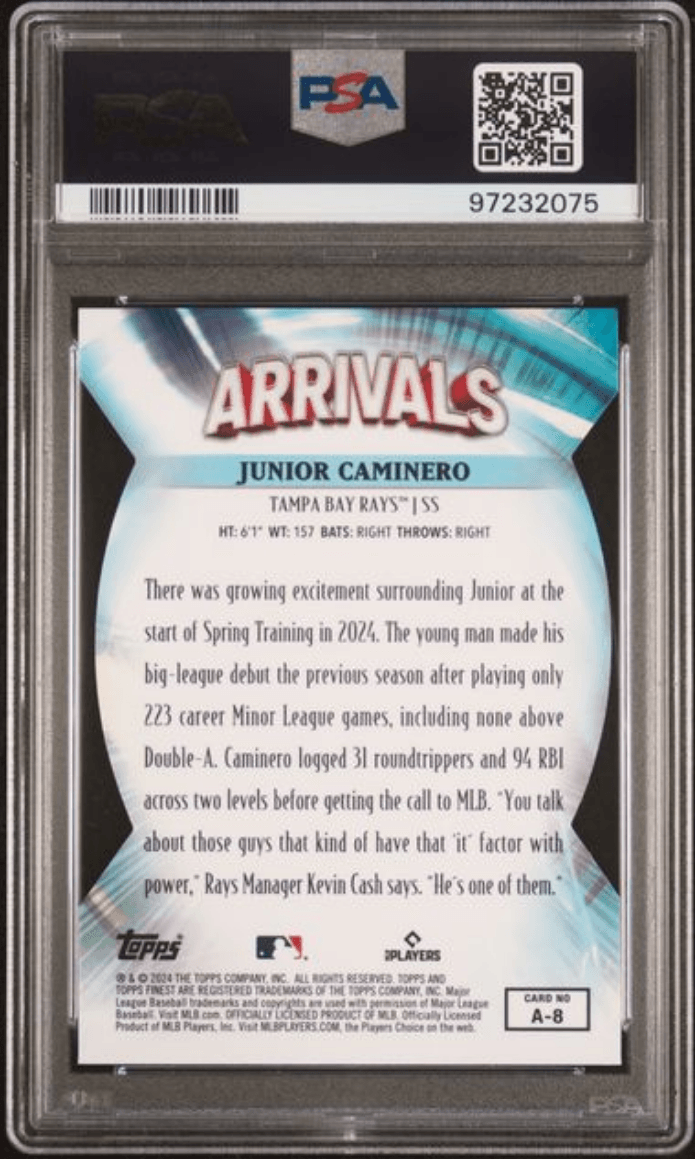 Graded 2024 Topps Finest Junior Caminero #A8 Arrivals Rookie RC Baseball Card PSA 10 Gem Mint