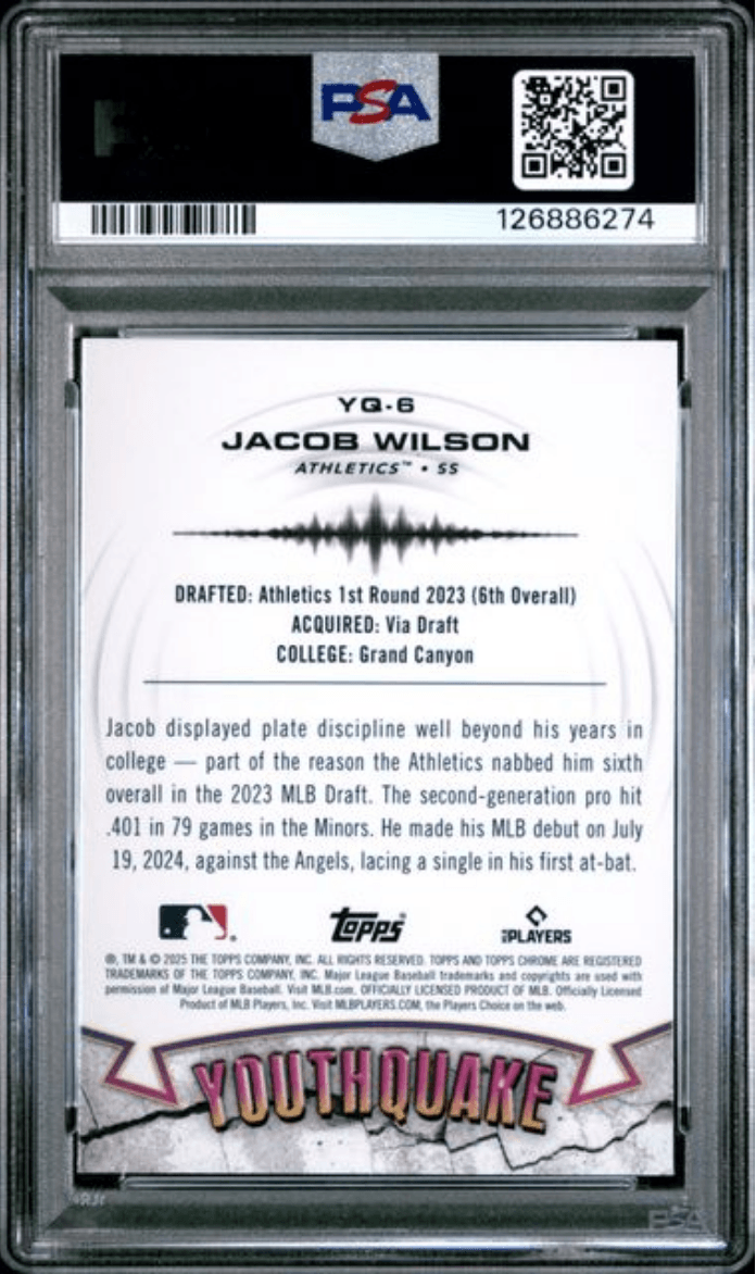 Graded 2025 Topps Chrome Jacob Wilson #YQ6 Youthquake Rookie RC Baseball Card PSA 10 Gem Mint