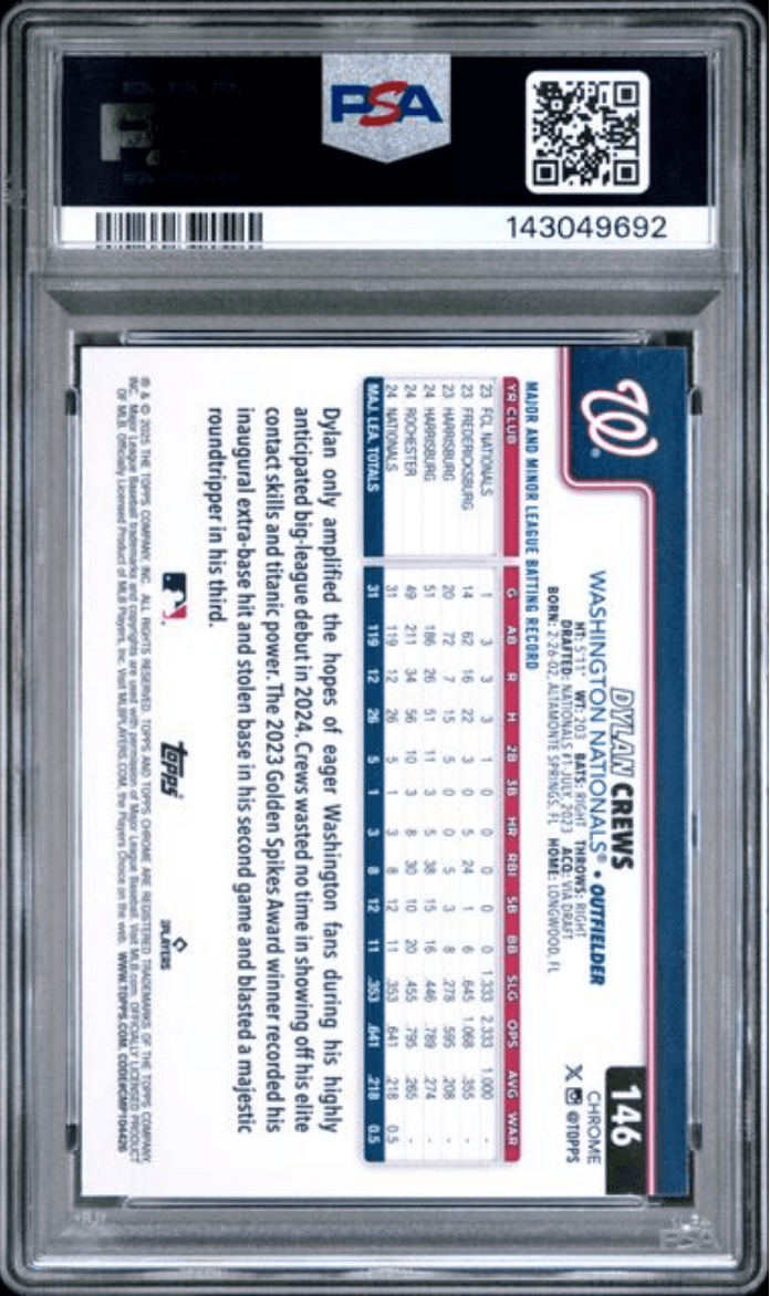 Graded 2025 Topps Chrome Dylan Crews #146 Prism Refractor Rookie RC Baseball Card PSA 10 Gem Mint