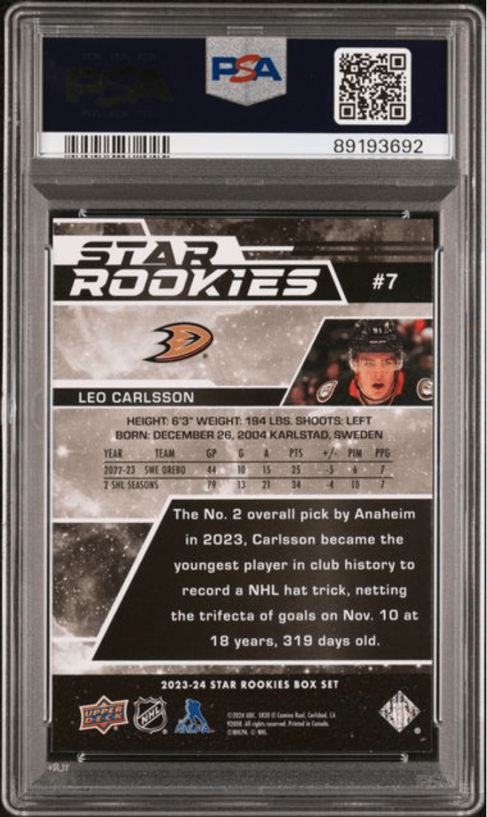 Graded 2023 Upper Deck Star Rookies Leo Carlsson #7 Box Set Rookie RC Hockey Card PSA 10 Gem Mint
