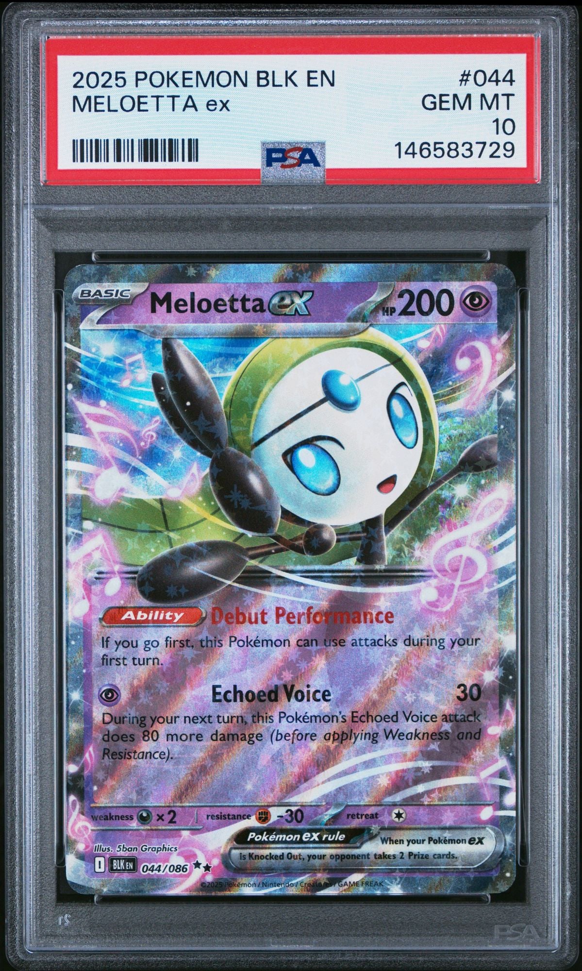 Graded 2025 Pokemon Meloetta ex #044 BLK Trading Card Game PSA 10 Gem Mint