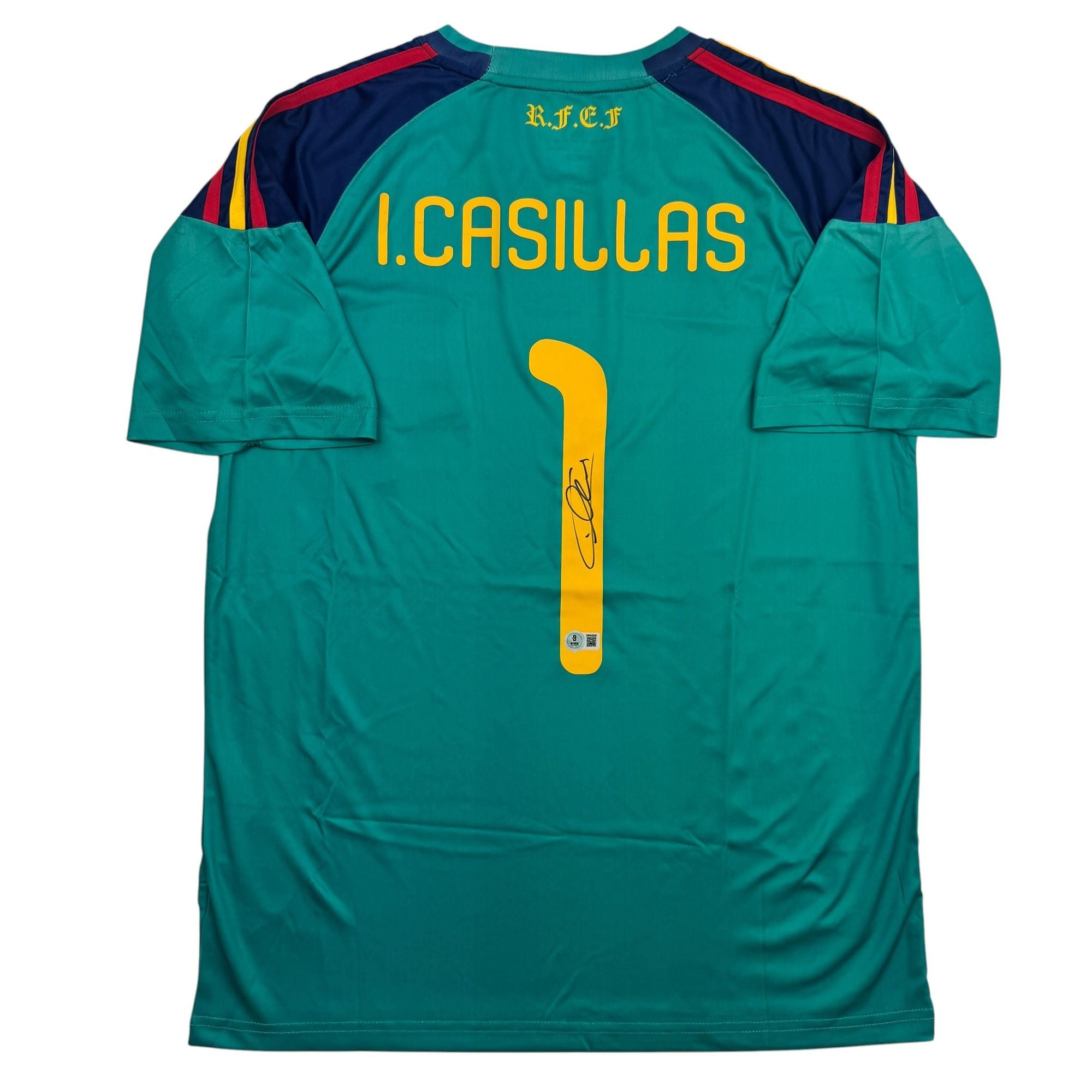 Autographed/Signed Iker Casillas Spain Teal Soccer Futbol Jersey Beckett BAS COA