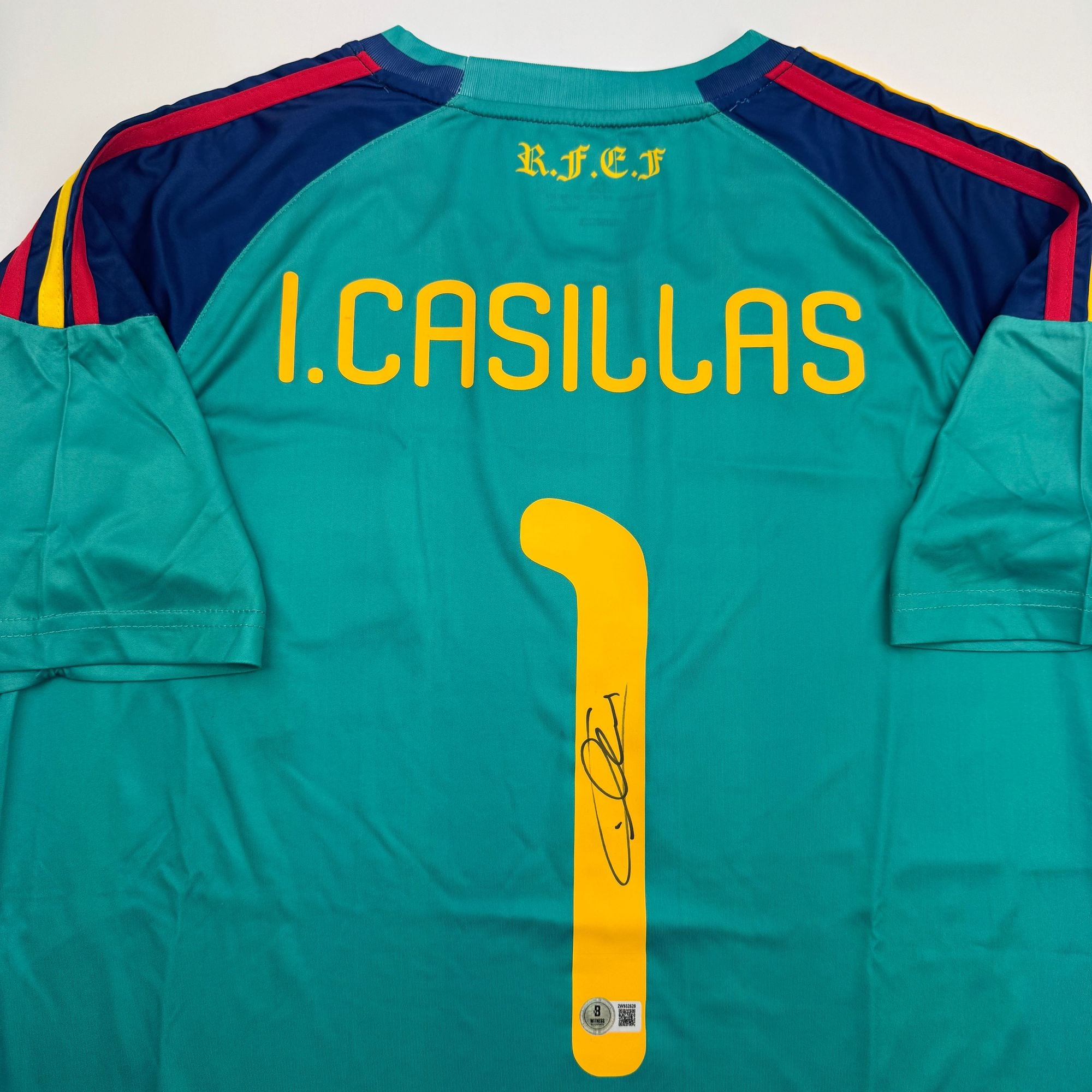 Autographed/Signed Iker Casillas Spain Teal Soccer Futbol Jersey Beckett BAS COA