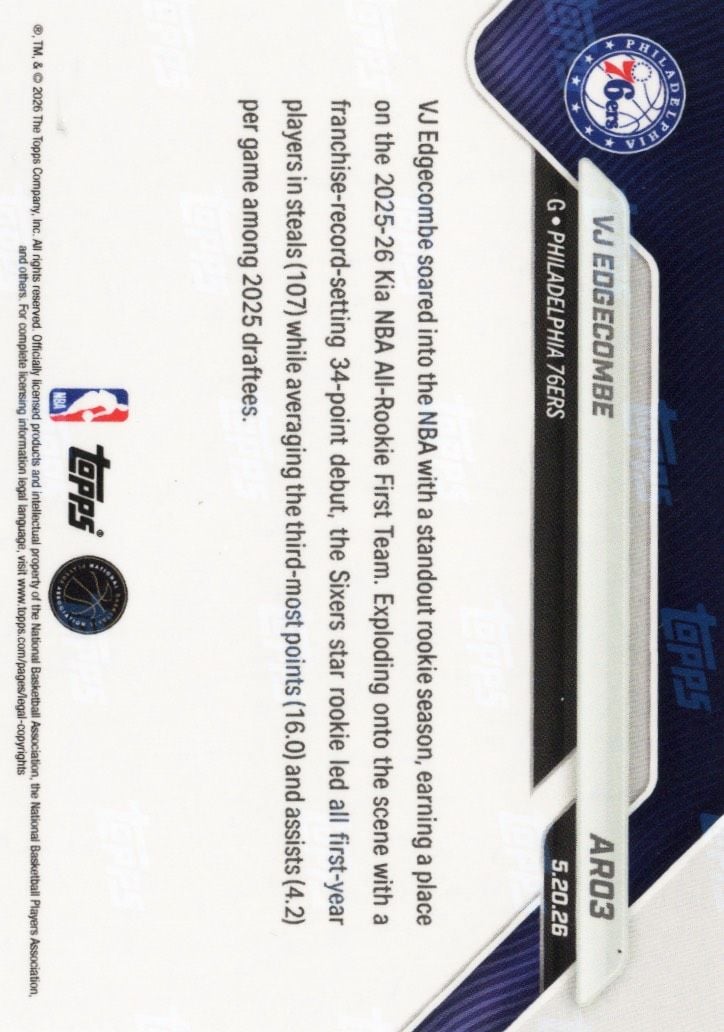2025 Topps Now VJ Edgecombe #AR03 Gold Foil /50 2025-26 KIA NBA All Rookie First Team Selection Philadelphia 76ers Rookie RC Basketball Card