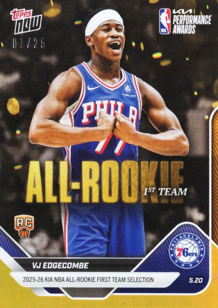 2025 Topps Now VJ Edgecombe #AR03 Orange Foil /25 2025-26 KIA NBA All Rookie First Team Selection Philadelphia 76ers Rookie RC Basketball Card