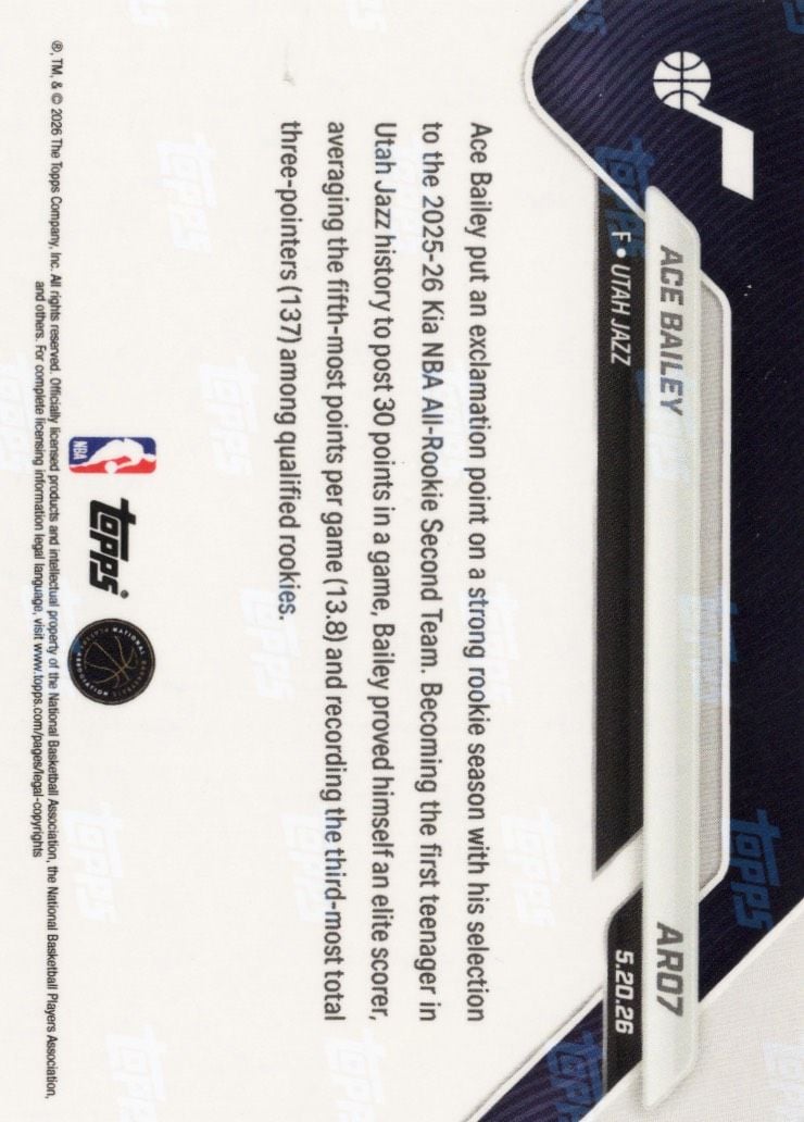 2025 Topps Now Ace Bailey #AR07 Red Foil /5 2025-26 KIA NBA All Rookie Second Team Selection Utah Jazz Rookie RC Basketball Card