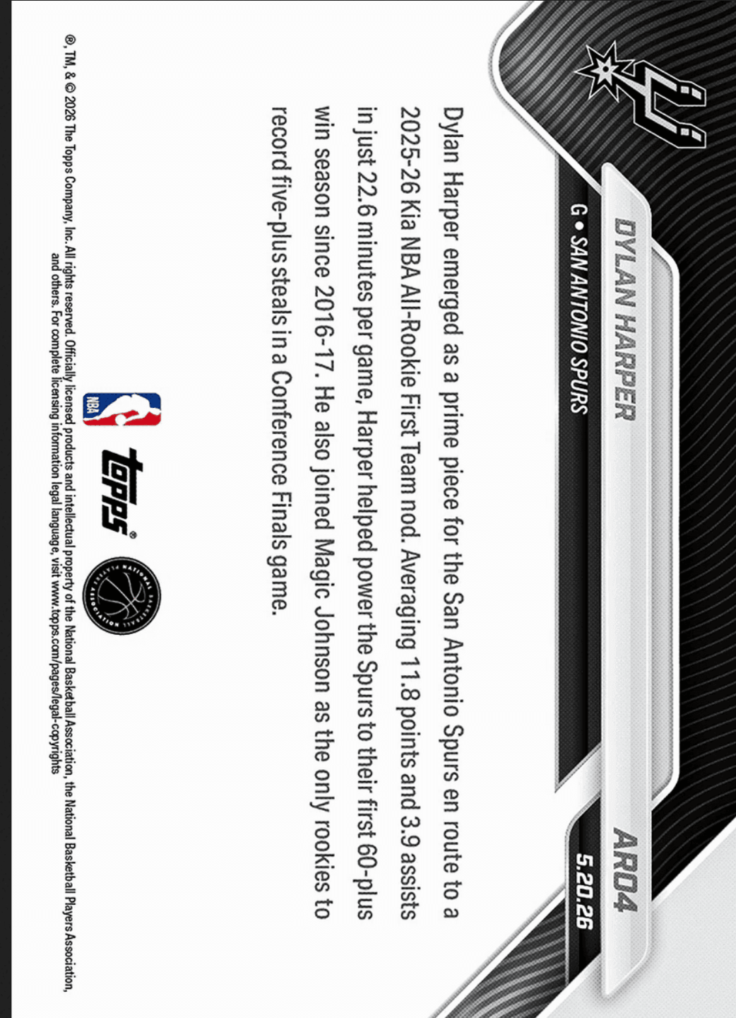 2025 Topps Now Dylan Harper #AR04 Orange Foil /25 2025-26 KIA NBA All Rookie First Team Selection San Antonio Spurs Rookie RC Basketball Card