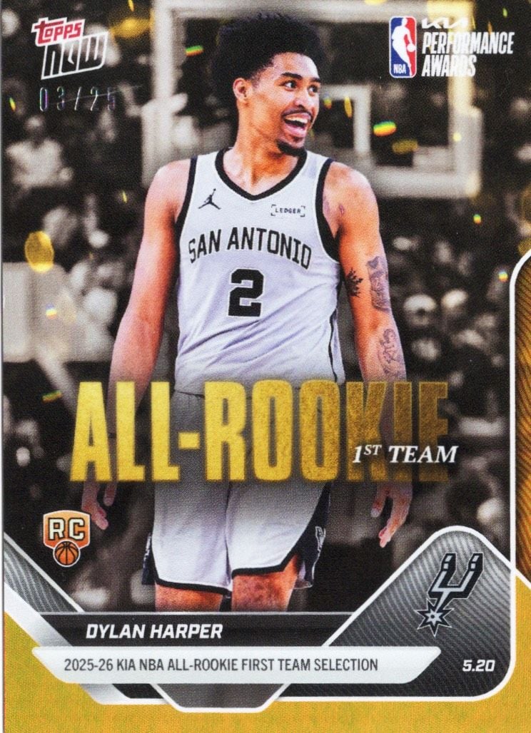 2025 Topps Now Dylan Harper #AR04 Orange Foil /25 2025-26 KIA NBA All Rookie First Team Selection San Antonio Spurs Rookie RC Basketball Card