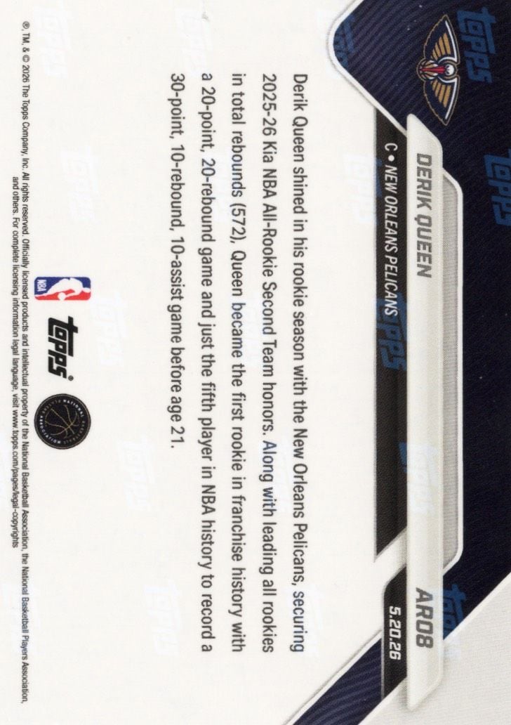 2025 Topps Now Derik Queen #AR08 Red Foil /5 2025-26 KIA NBA All Rookie Second Team Selection New Orleans Pelicans Rookie RC Basketball Card