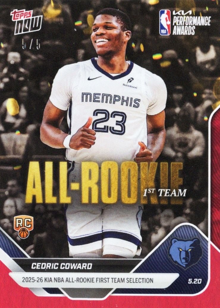 2025 Topps Now Cedric Coward #AR05 Red Foil /5 2025-26 KIA NBA All Rookie First Team Selection Memphis Grizzlies Rookie RC Basketball Card