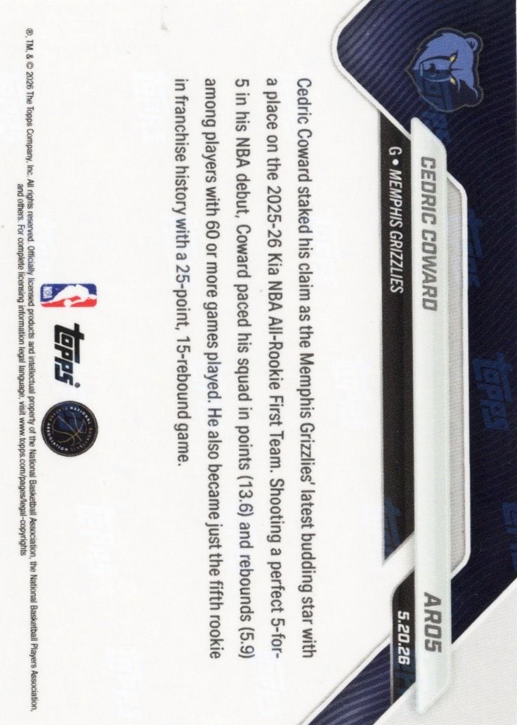 2025 Topps Now Cedric Coward #AR05 Orange Foil /25 2025-26 KIA NBA All Rookie First Team Selection Memphis Grizzlies Rookie RC Basketball Card