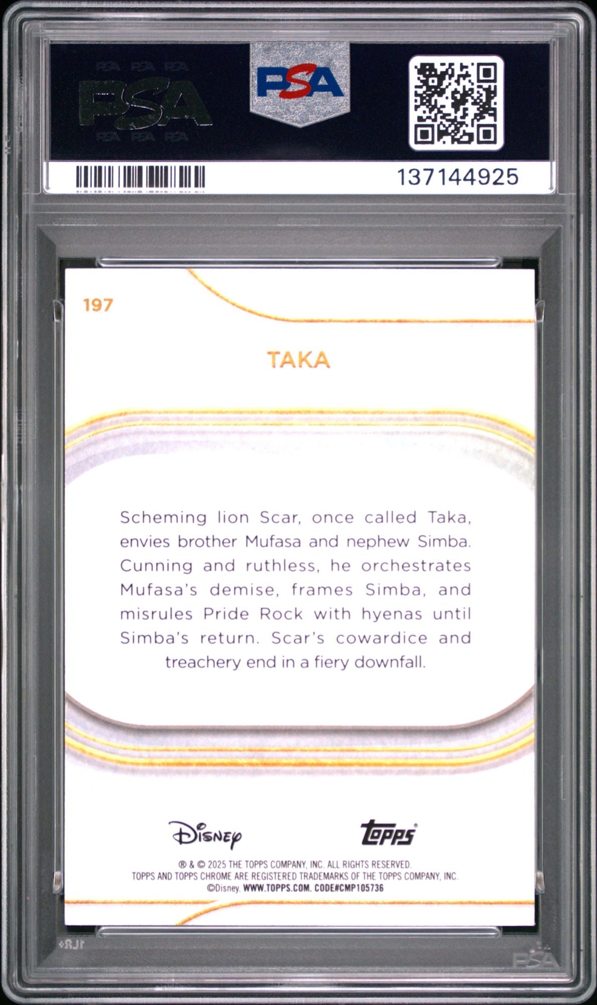 Graded 2025 Topps Chrome Disney Taka #197 Green Refractor /99 The Lion King Live Action Rookie RC Debut Card PSA 10 Gem Mint