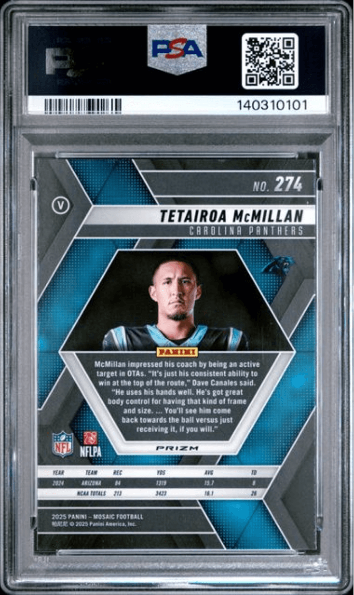 Graded 2025 Panini Mosaic Tetairoa McMillan #274 Mosaic Rookie RC Football Card PSA 10 Gem Mint