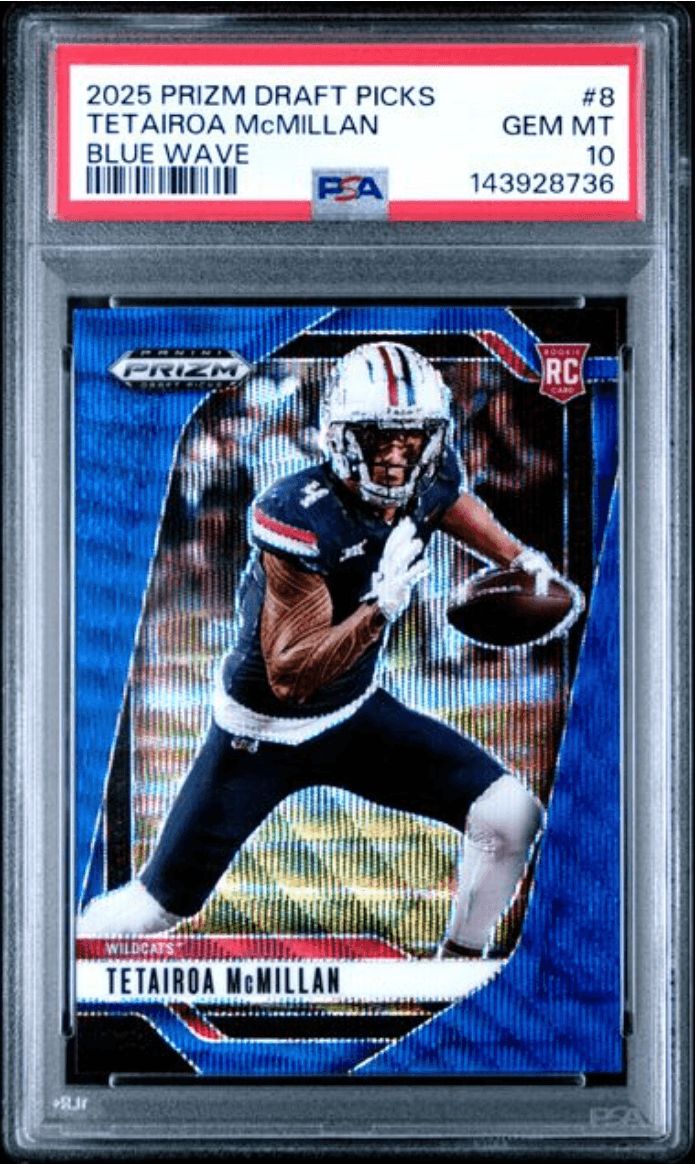 Graded 2025 Panini Prizm Draft Picks Tetairoa McMillan #8 Blue Wave /299 Rookie RC Football Card PSA 10 Gem Mint