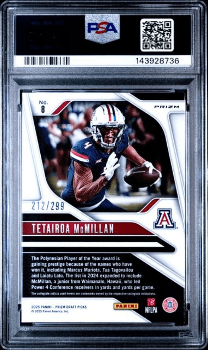 Graded 2025 Panini Prizm Draft Picks Tetairoa McMillan #8 Blue Wave /299 Rookie RC Football Card PSA 10 Gem Mint