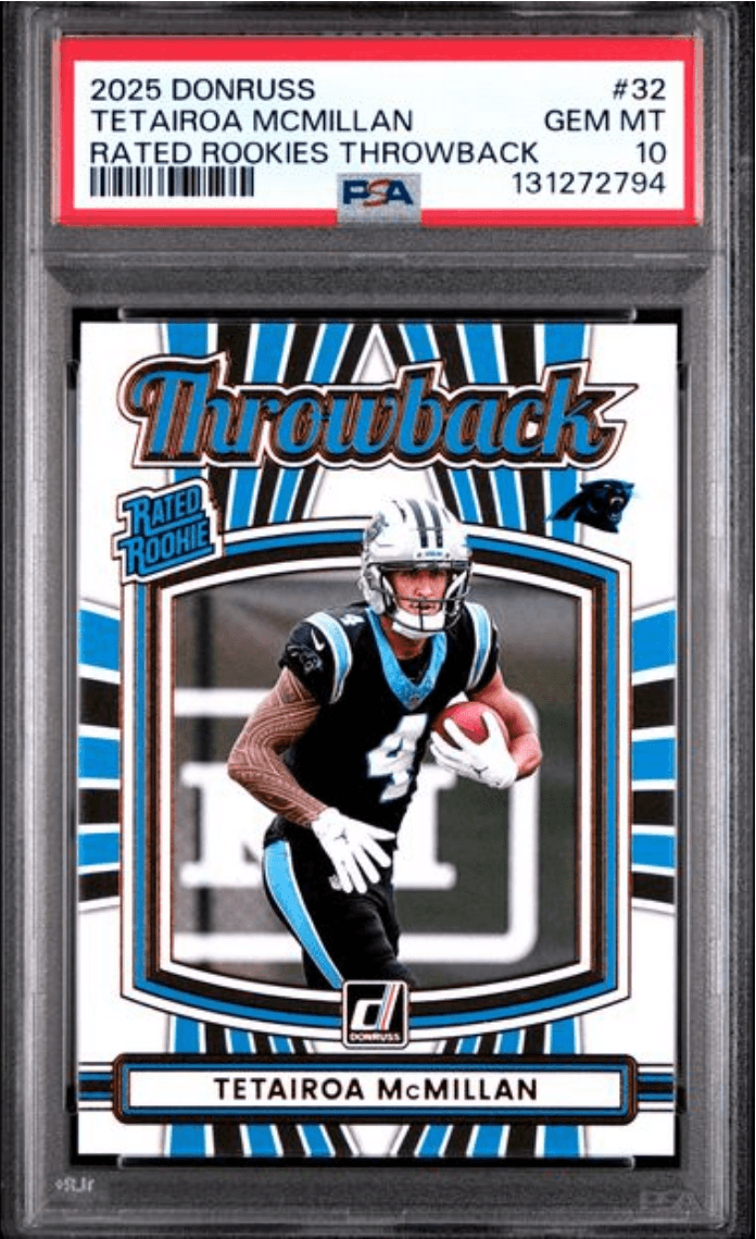 Graded 2025 Panini Donruss Tetairoa McMillan #32 Rated Rookies Throwback Rookie RC Football Card PSA 10 Gem Mint