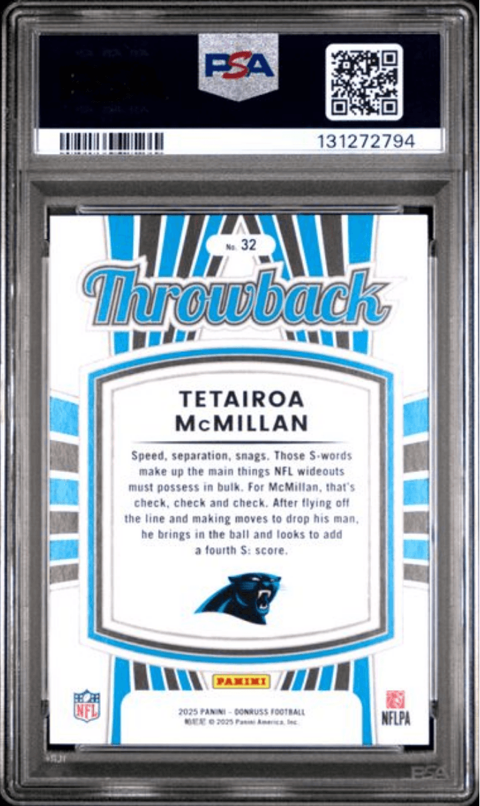 Graded 2025 Panini Donruss Tetairoa McMillan #32 Rated Rookies Throwback Rookie RC Football Card PSA 10 Gem Mint