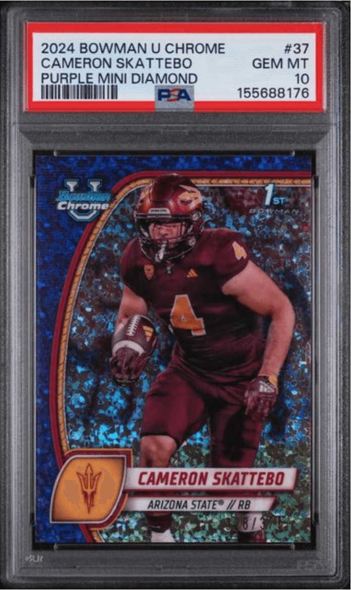 Graded 2024 Topps Bowman U Chrome Cam Skattebo #37 Purple Mini Diamond /375 Rookie RC Football Card PSA 10 Gem Mint