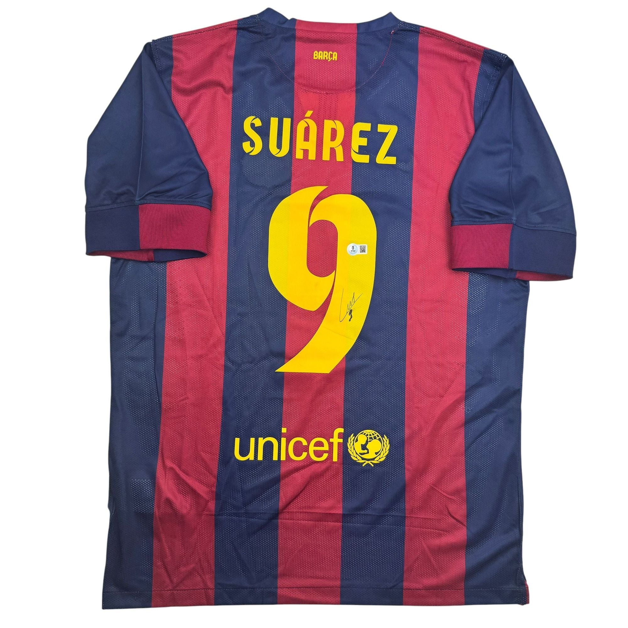 Autographed/Signed Luis Suarez FC Barcelona Blue/Red Soccer Futbol Jersey Beckett BAS COA