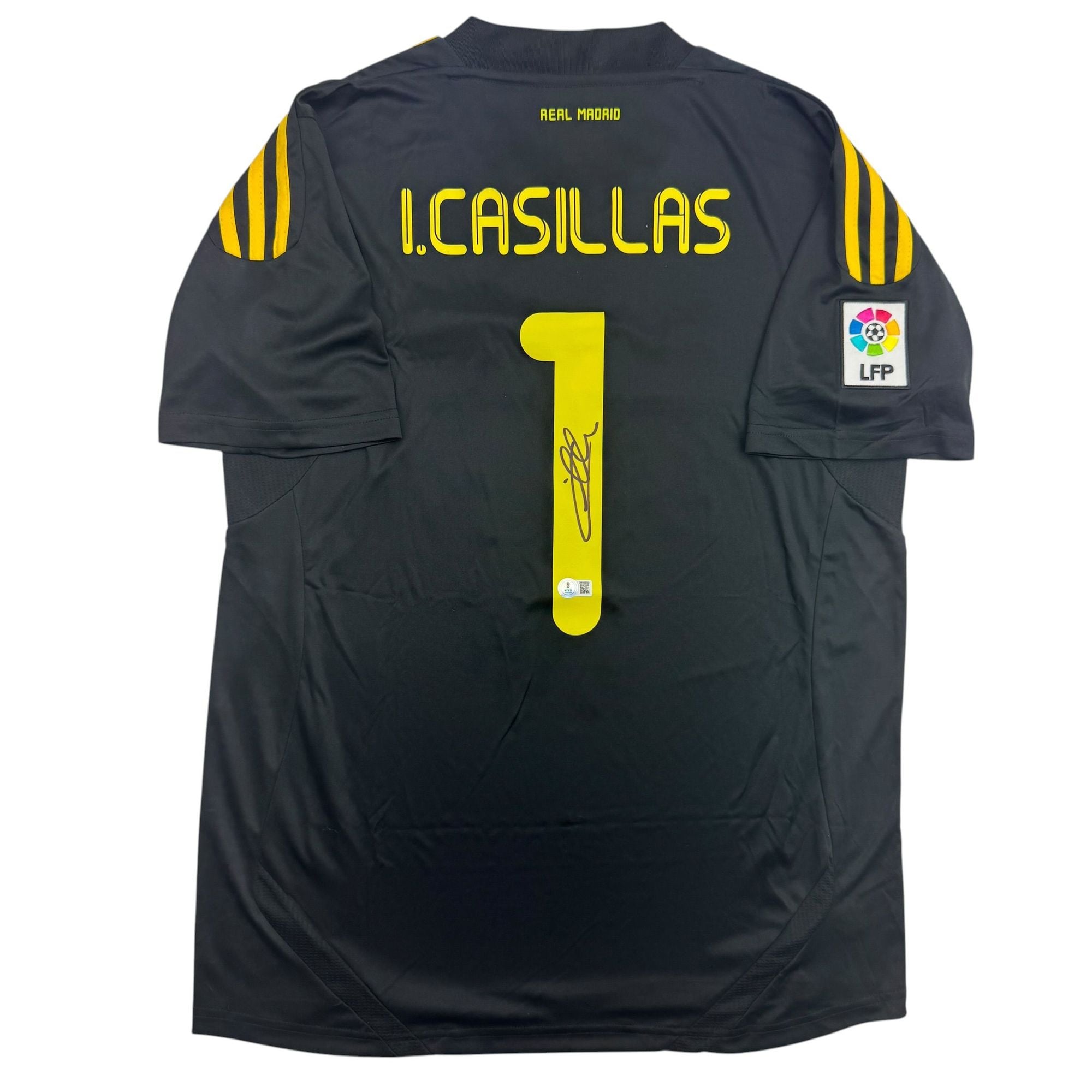Autographed/Signed Iker Casillas Real Madrid Black Soccer Futbol Jersey Beckett BAS COA