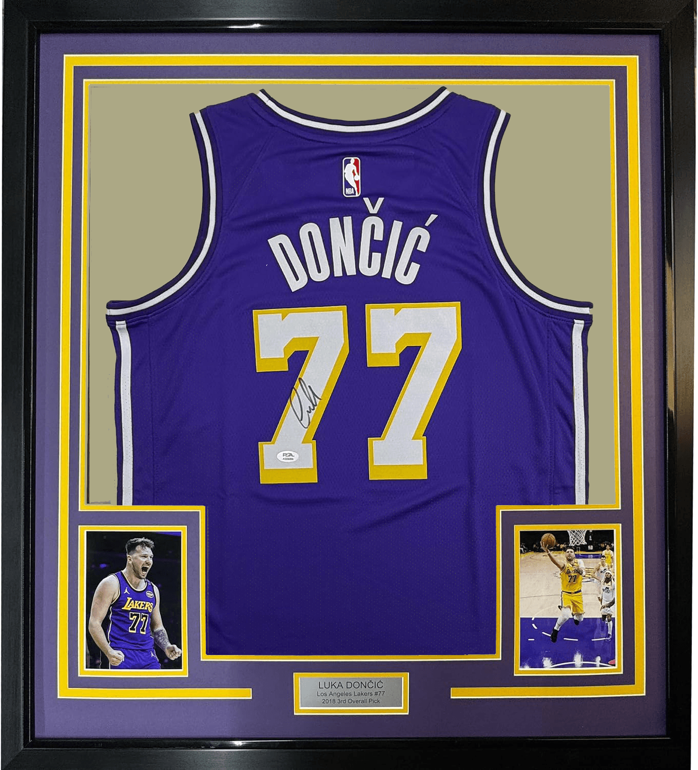 Framed Autographed/Signed Luka Doncic 35x39 Los Angeles Lakers Purple Authentic Basketball Jersey PSA/DNA COA