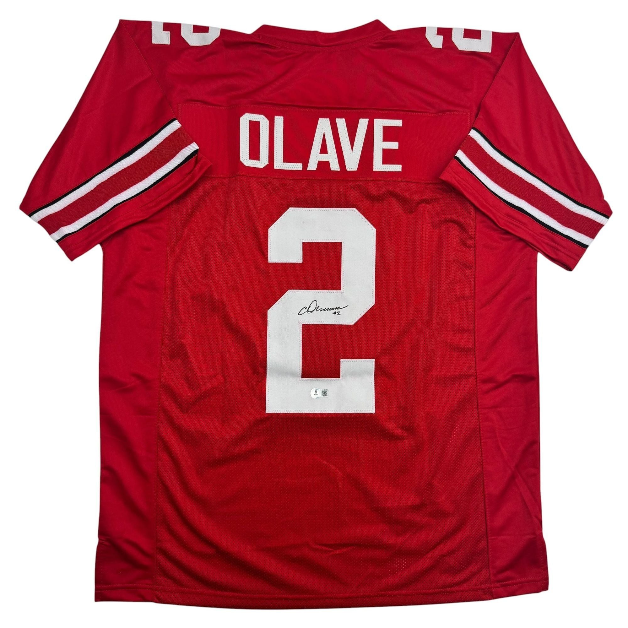 Autographed/Signed Chris Olave Ohio State Red College Football Jersey Beckett BAS COA