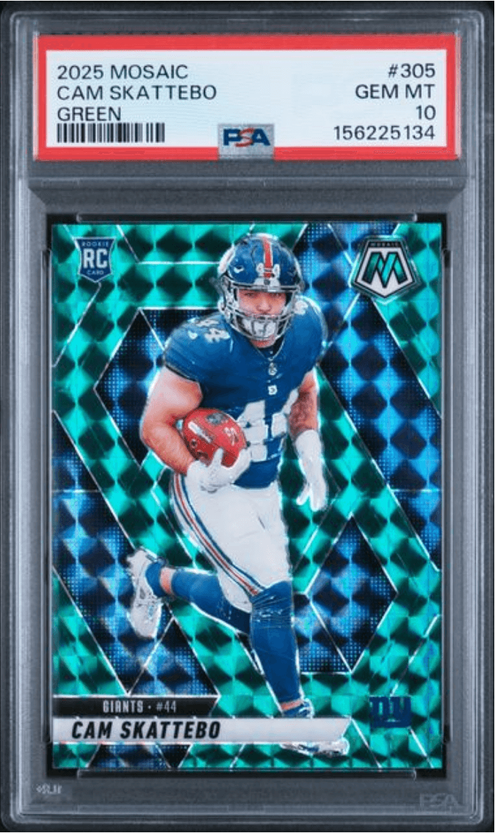 Graded 2025 Panini Mosaic Cam Skattebo #305 Green Rookie RC Football Card PSA 10 Gem Mint