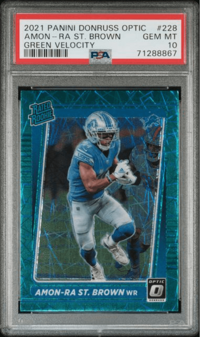 Graded 2021 Panini Donruss Optic Amon-Ra St. Brown #228 Green Velocity Rookie RC Football Card PSA 10 Gem Mint