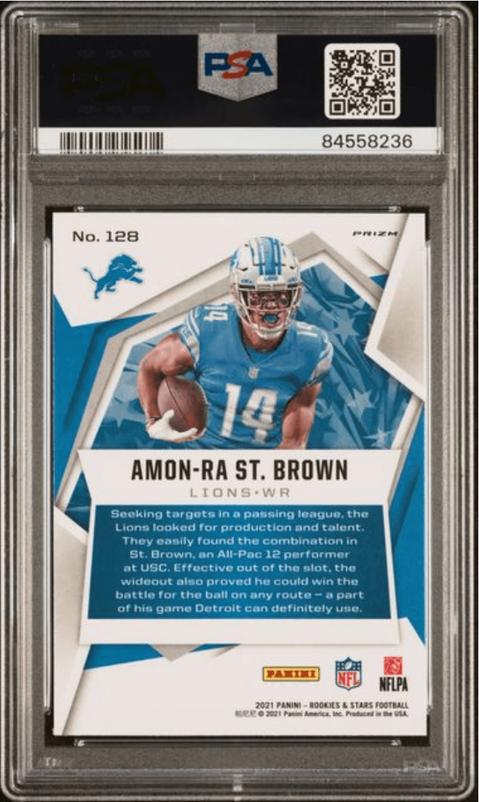 Graded 2021 Panini Rookies & Stars Amon-Ra St. Brown #128 Red Pulsar Prizm Rookie RC Football Card PSA 10 Gem Mint