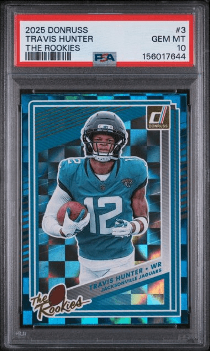 Graded 2025 Panini Donruss Travis Hunter #3 The Rookies Rookie RC Football Card PSA 10 Gem Mint